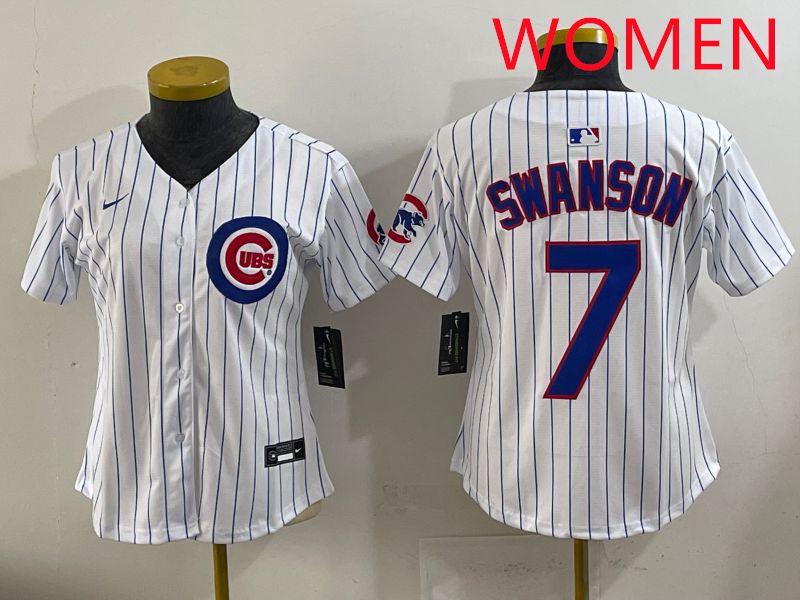Women 2025 Chicago Cubs #7 Swanson White Stripe Game Nike MLB Jersey style 1->youth mlb jersey->Youth Jersey